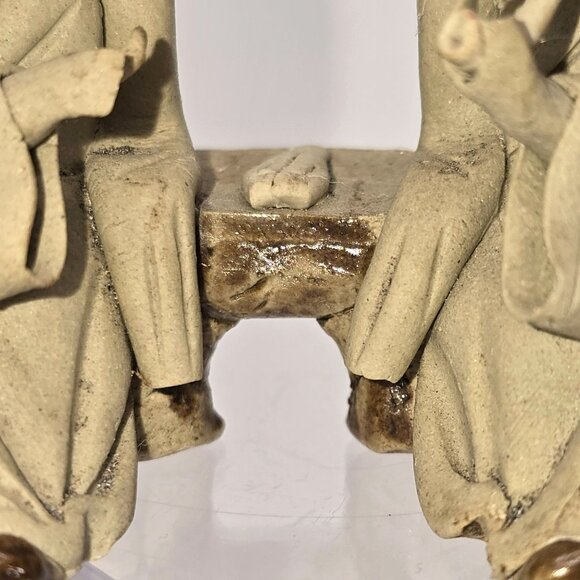 Vintage Chinese Mudman Figurine Pair Sitting on Bench Smoking Pipe je155 - Picture 9 of 12